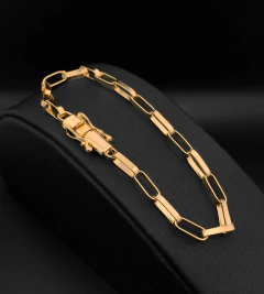 PULSEIRA ELO VAZADO LONGO 4mm FECHO TRAVA DUPLA - Banhada a Ouro 18k