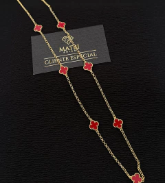 CORRENTE 7 TREVOS VERMELHO- 70cm - Banhada a Ouro 18k