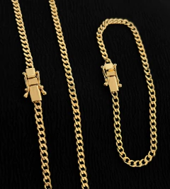 CORRENTE + PULSEIRA GRUMET (5mm) FECHO TRAVA DUPLA - Banhada a Ouro 18k