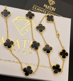 CORRENTE + PULSEIRA TREVO PRETO GRANDE - 21cm - 55cm - Banhado a Ouro 18k