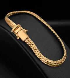 PULSEIRA GRUMET FLAT DETALHADA (6mm) FECHO TRAVA DUPLA - Banhada a Ouro 18k