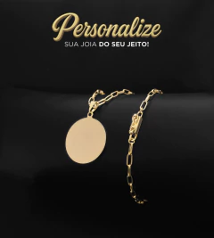 CORRENTE CADEADO LAMINADO (3mm) FECHO GAVETA + PINGENTE REDONDO PERSONALIZÁVEL - 2,5x2,5cm - Banhado a Ouro 18k