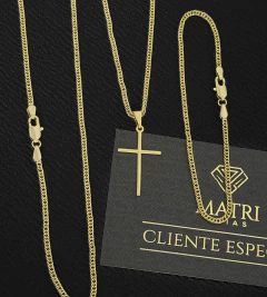 CORRENTE + PULSEIRA GRUMET DUPLA (2mm) + PINGENTE CRUZ TRADICIONAL - Banhado a Ouro 18k