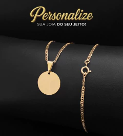 KIT CORRENTE PIASTRINI (2mm) + PINGENTE PERSONALIZÁVEL REDONDO MINI - 1,5x1,5cm - Banhado a Ouro 18k