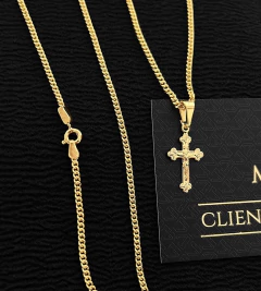 CORRENTE GRUMET (2mm) + PINGENTE CRUZ VITORIANA MINI - Banhado a Ouro 18k - comprar online