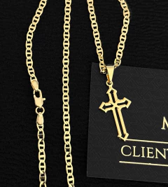 CORRENTE PIASTRINI (3mm) + PINGENTE CRUZ VAZADA - Banhado a Ouro 18k - comprar online