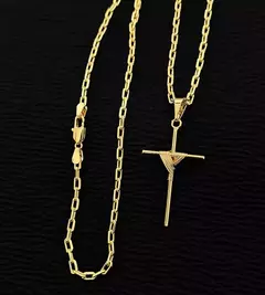 CORRENTE CADEADO FINO (3mm) + PINGENTE CRUZ AMARRADA - Banhada a Ouro 18k