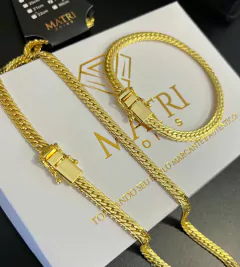 CORRENTE + PULSEIRA GRUMET FLAT DETALHADA (6mm) FECHO TRAVA DUPLA - Banhado a Ouro 18k