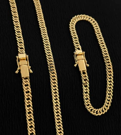 CORRENTE + PULSEIRA GRUMET DUPLA (6mm) FECHO TRAVA DUPLA - Banhada a Ouro 18k