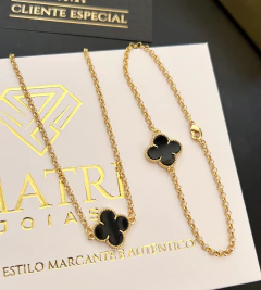 CORRENTE + PULSEIRA TREVO PRETO UNIQUE - 21cm - 55cm - Banhado a Ouro 18k