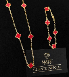 CORRENTE + PULSEIRA TREVO VERMELHO - (45cm + 5cm Extensor) - 21cm - Banhado a Ouro 18k