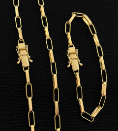 CORRENTE + PULSEIRA ELO VAZADO LONGO (4mm) FECHO TRAVA DUPLA - Banhada a Ouro 18k