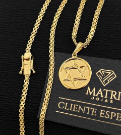 CORRENTE CADEADO DUPLO (4mm) + PINGENTE MEDALHA ESTRELA DE DAVI - Banhado a Ouro 18k