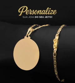 CORRENTE PIASTRINI (4mm) FECHO GAVETA + PINGENTE PERSONALIZÁVEL REDONDO LISO GRANDE - 4x4cm - Banhado a Ouro 18k