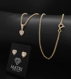 CONJUNTO FEMININO COMPLETO CORAÇÃO CRAVEJADO - COLAR + PINGENTE + BRINCO - Banhado a Ouro 18k