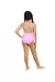 Maiô infantil rosa neon com aplique de borboleta e alças triplas coloridas, visto de costas.
