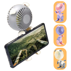 Ventilador de escritorio articulable con soporte para celular, mostrando un teléfono móvil con una imagen de paisaje.