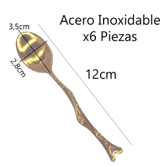 6 Cucharitas Te Doradas Acero Inox Cafe Postre Diseño Hojas