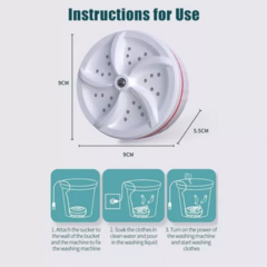 Instrucciones para usar el mini lavarropas portátil USB, mostrando los pasos para su funcionamiento.
