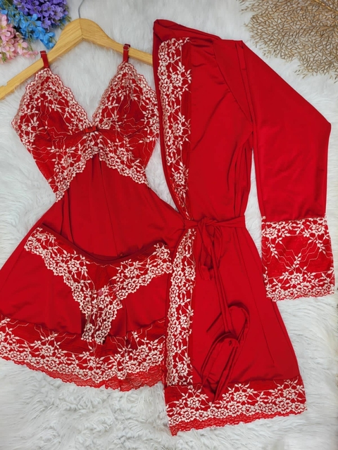 Kit Camisola e Robe Vermelho C/Branco