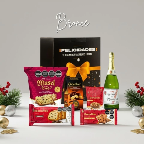Caja navideña bronce con productos de pan dulce Musel, chocolates, galletitas Bonafide y una botella de sidra Reino de Castelar, decorada con moño dorado y detalles navideños