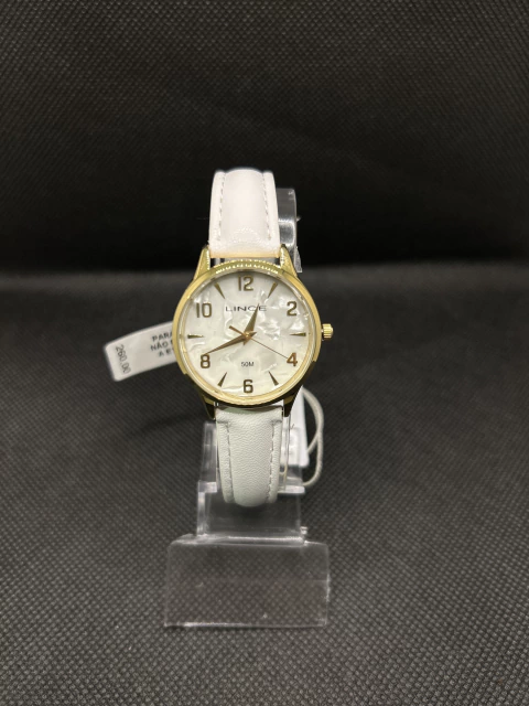 Relógio lince redondo dourado com pulseira em couro branco - comprar online