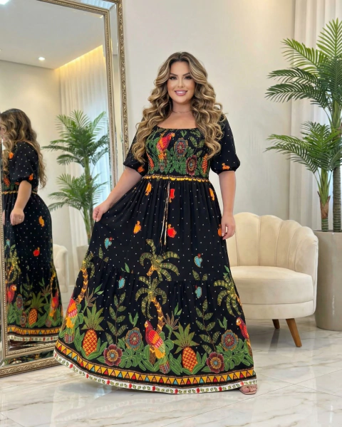 Vestido farm manga lastex Preto