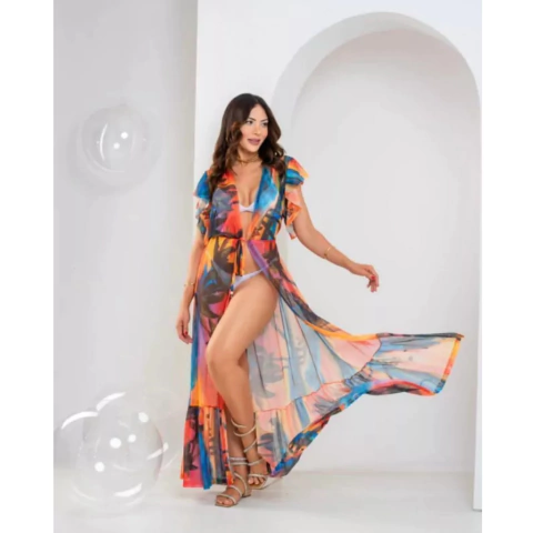 Saída longa em tule estampado