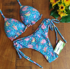 Biquini cortininha onça banana fd azul