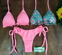 trikini 2 tops mais 1 calcinha salmao com estampado
