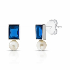 Brinco Zircônia Retangular 6x8mm e Pérola Prata 925