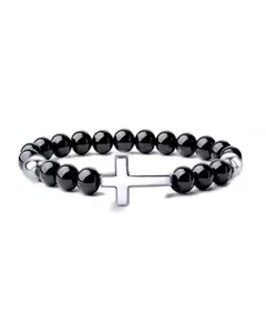 PULSEIRA NYLON PEDRA NATURAL ÔNIX E CRUZ - PRATA 925