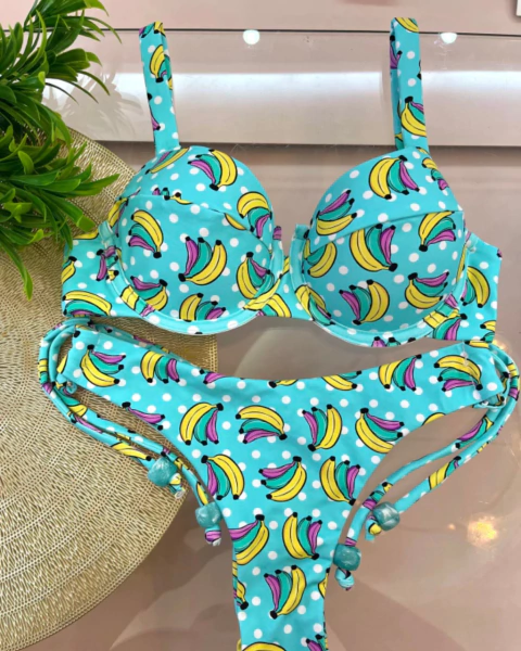 Biquíni Meia Taça Lara Banana Azul com Calcinha Laço - comprar online