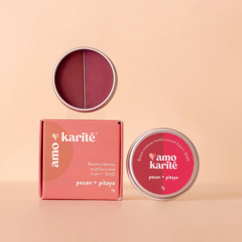 Batom cremoso multifuncional 3 em 1 vegano e sustentável da AmoKarité em Pitaya e Pecan, feito com ingredientes naturais