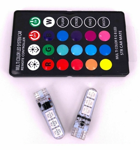 Par Lampada Pingo Rgb T10 Led Farol Carro Muda Cor Controle