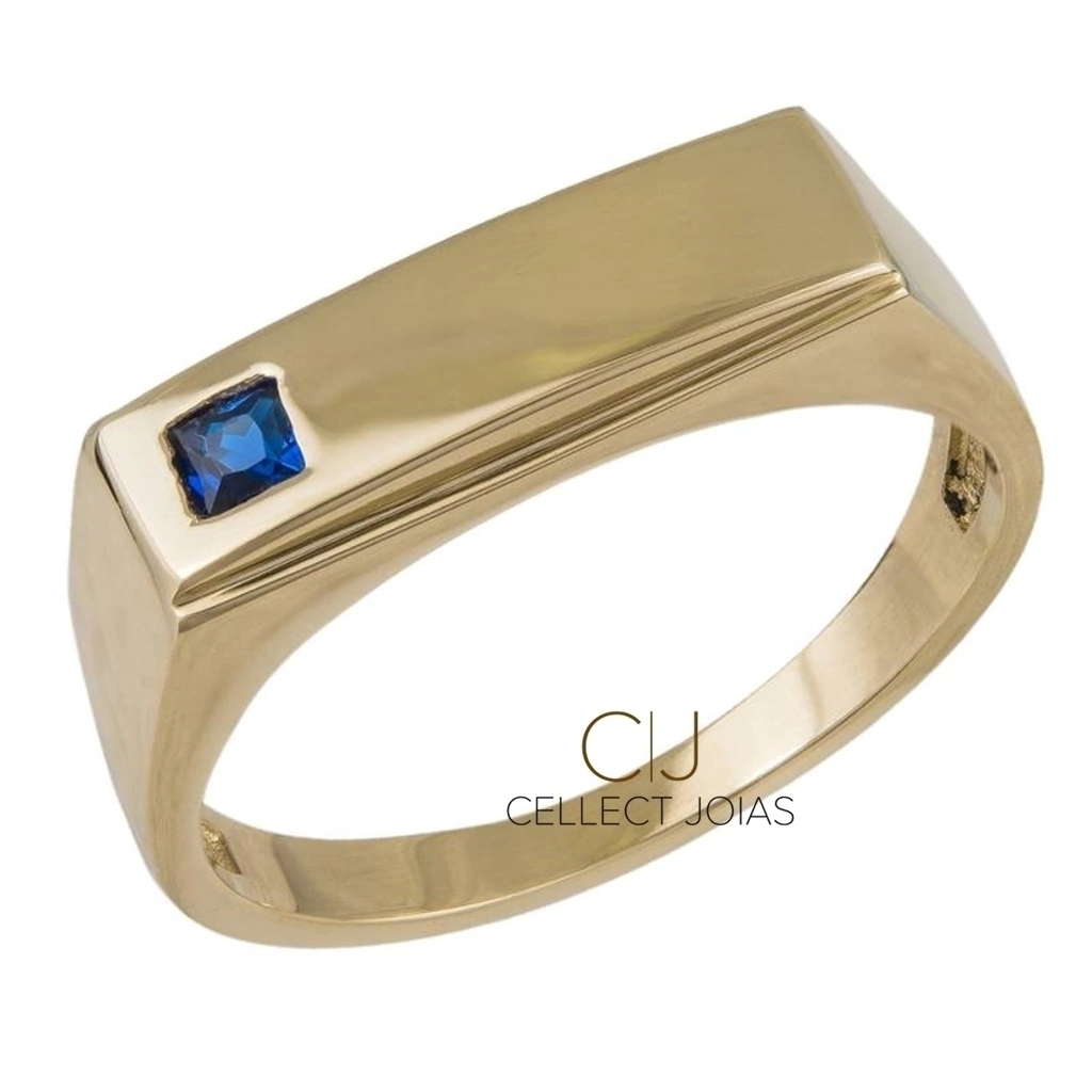 Anel de Ouro com Pedra Safira Quadrada Masculino CJ520
