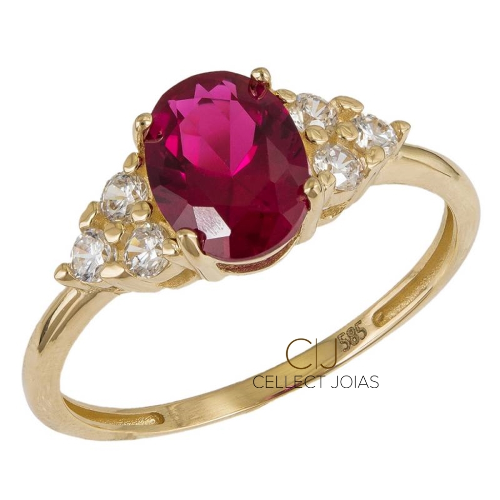 Anel de Ouro com Rubi Oval e com Brilhantes 2,6g CJ556