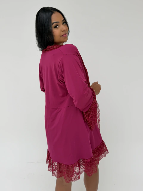 Robe de microfibra com detalhes em renda - Rosa Pink - comprar online
