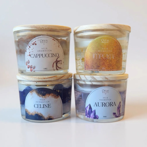 Vela aromática artesanal PREMIUM 110g - OFICIAL ORION HOME Com especiarias e tampa de madeira