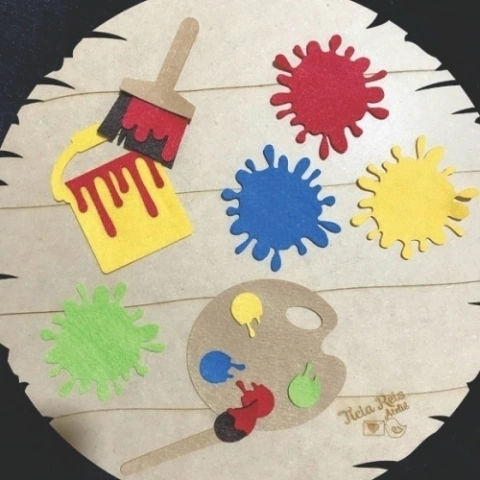 Balde de Tinta, Pincel, Manchas e Paleta de feltro aplique para body, fantasia, roupa, sacolinha e artesanato em geral
