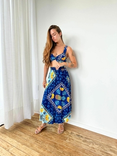 Conjunto Saia e Cropped Estampa Azul