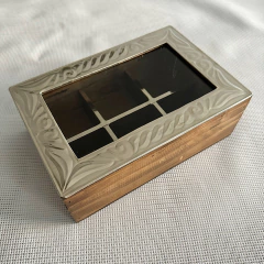 Caja de té o alhajero de madera y alpaca de 6 divisiones