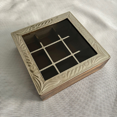 Caja de té o alhajero de madera y alpaca de 9 divisiones