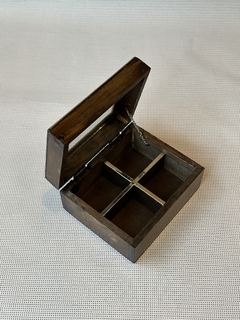 Caja de té o alhajero de madera y alpaca de 4 divisiones