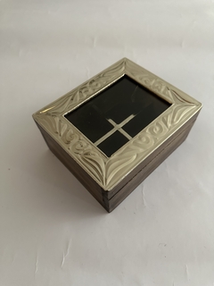 Caja de té o alhajero de madera y alpaca de 4 divisiones