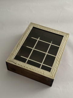 Caja de té o alhajero de madera y alpaca de 12 divisiones