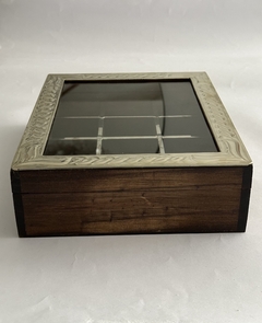 Caja de té o alhajero de madera y alpaca de 12 divisiones en internet