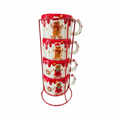 Jogo 4 Xícaras Natal C/ Suporte 7,7x8,2x11cm