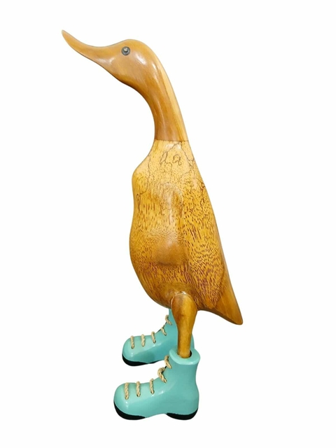 Pato de Botas Turquesa entalhados manualmente na madeira, tamanhos M 35 cm (Com avaria, detalhe na pata) - comprar online