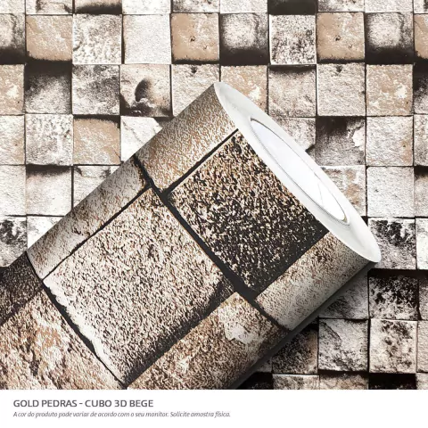 Papel de Parede Adesivo Lavavél Envelopamento Gold Pedras Cubo 3D Bege 1,00 X 0,61